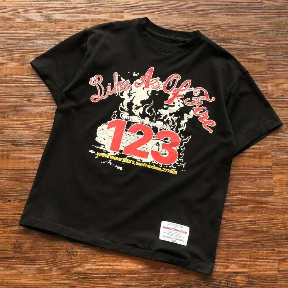 RIVINGTONroi rebis123 black short-sleeved flame print letter T-shirt